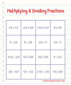 Multiplying Dividing Fractions Bingo