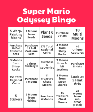 Mario odyssey speedrun objectives Bingo Card