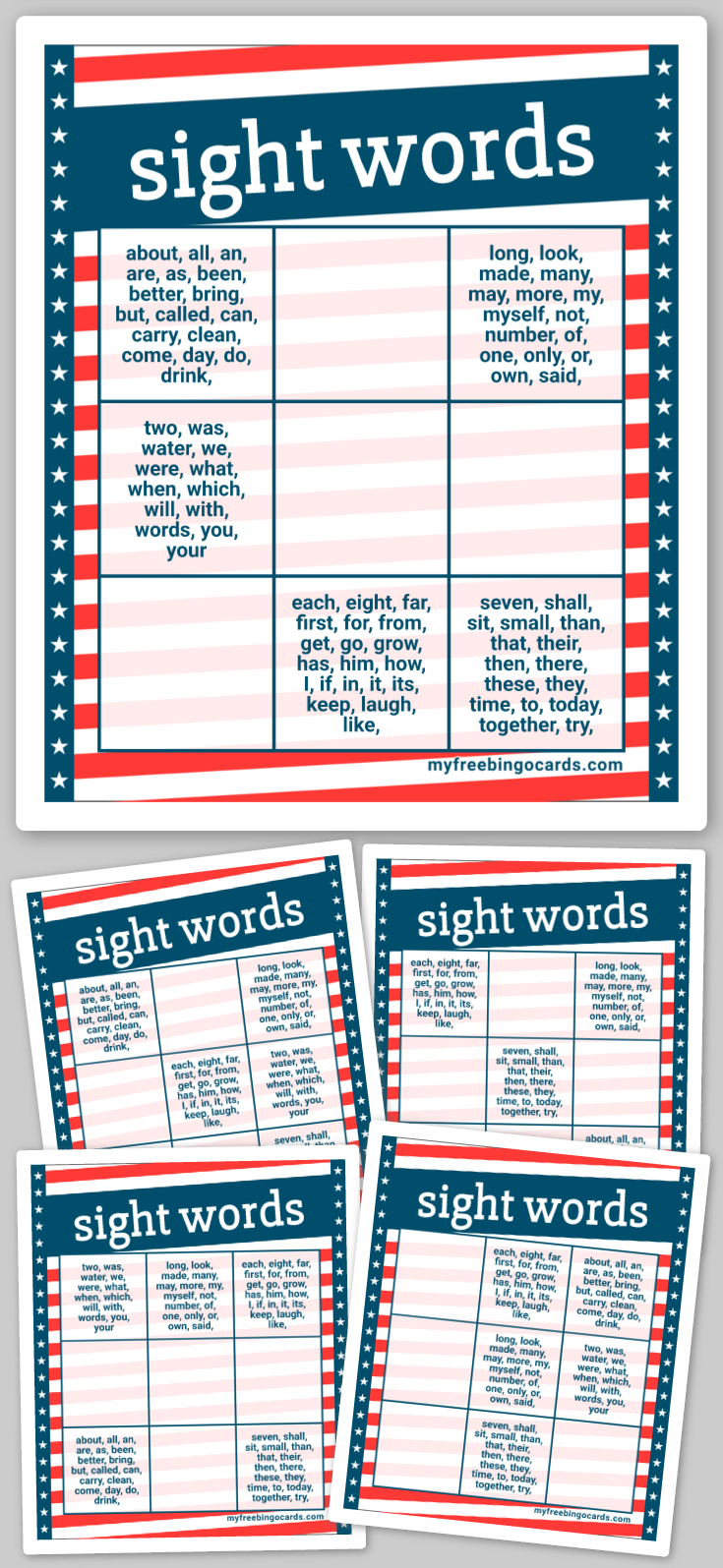 Virtual sight words bingo