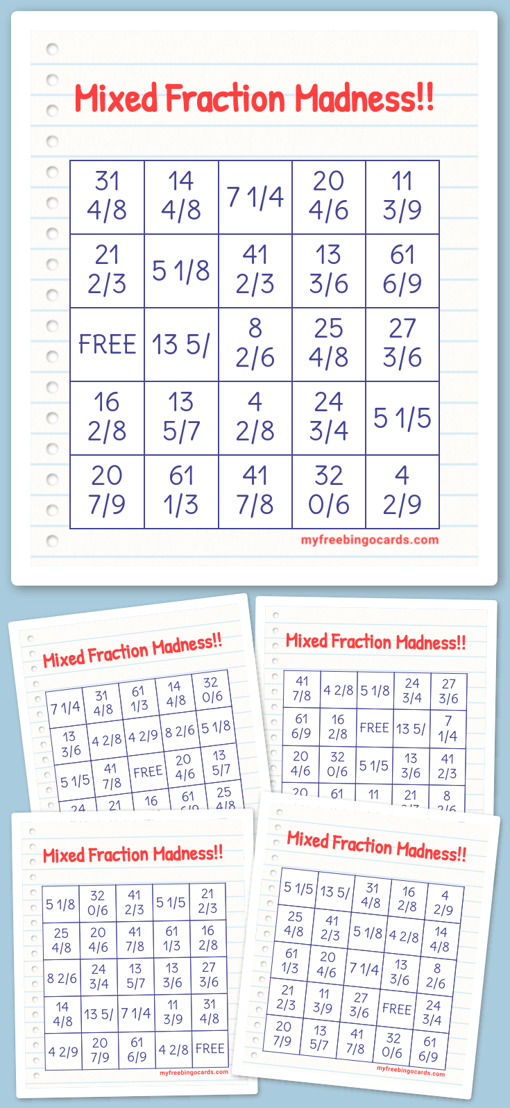 Virtual Mixed Fraction Madness!! Bingo