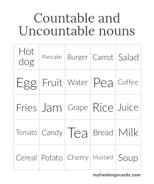 Countable and Uncountable nouns Bingo