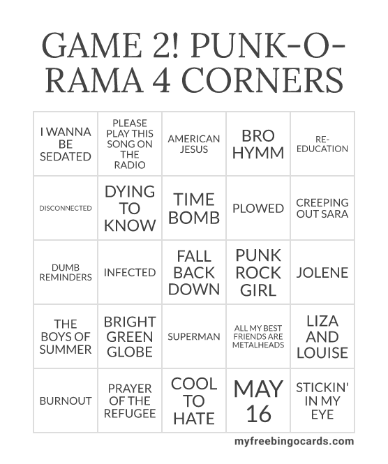 GAME 2! PUNK-O-RAMA 4 CORNERS BINGO