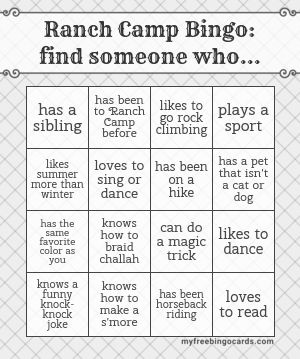 Ranch Camp Bingo: find someone who...