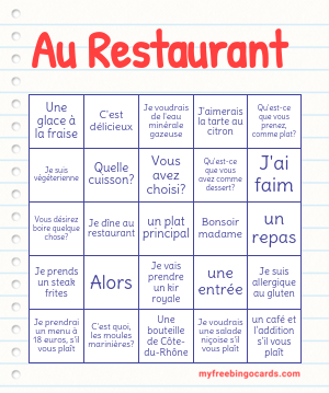 Restaurant Bingo Printable