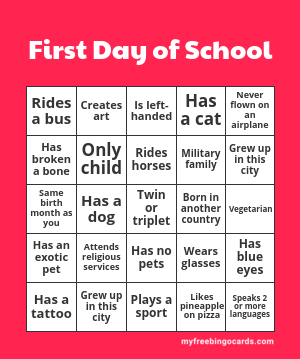 First Day of School Bingo