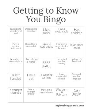 Getting to Know You Bingo