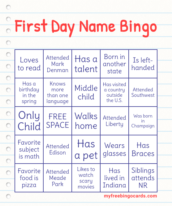 First Day Name Bingo