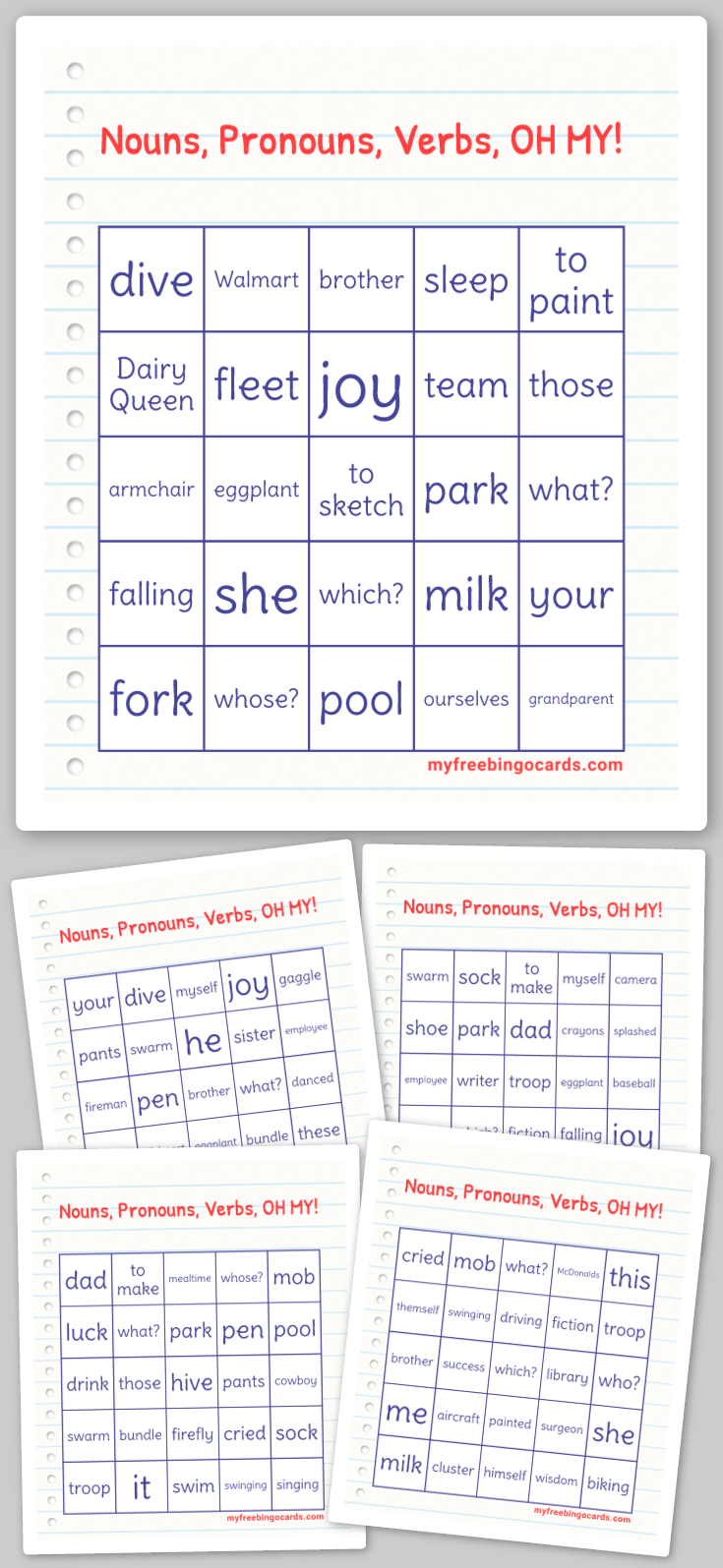 Virtual Nouns, Pronouns, Verbs, OH MY! Bingo