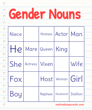 Gender Nouns Bingo