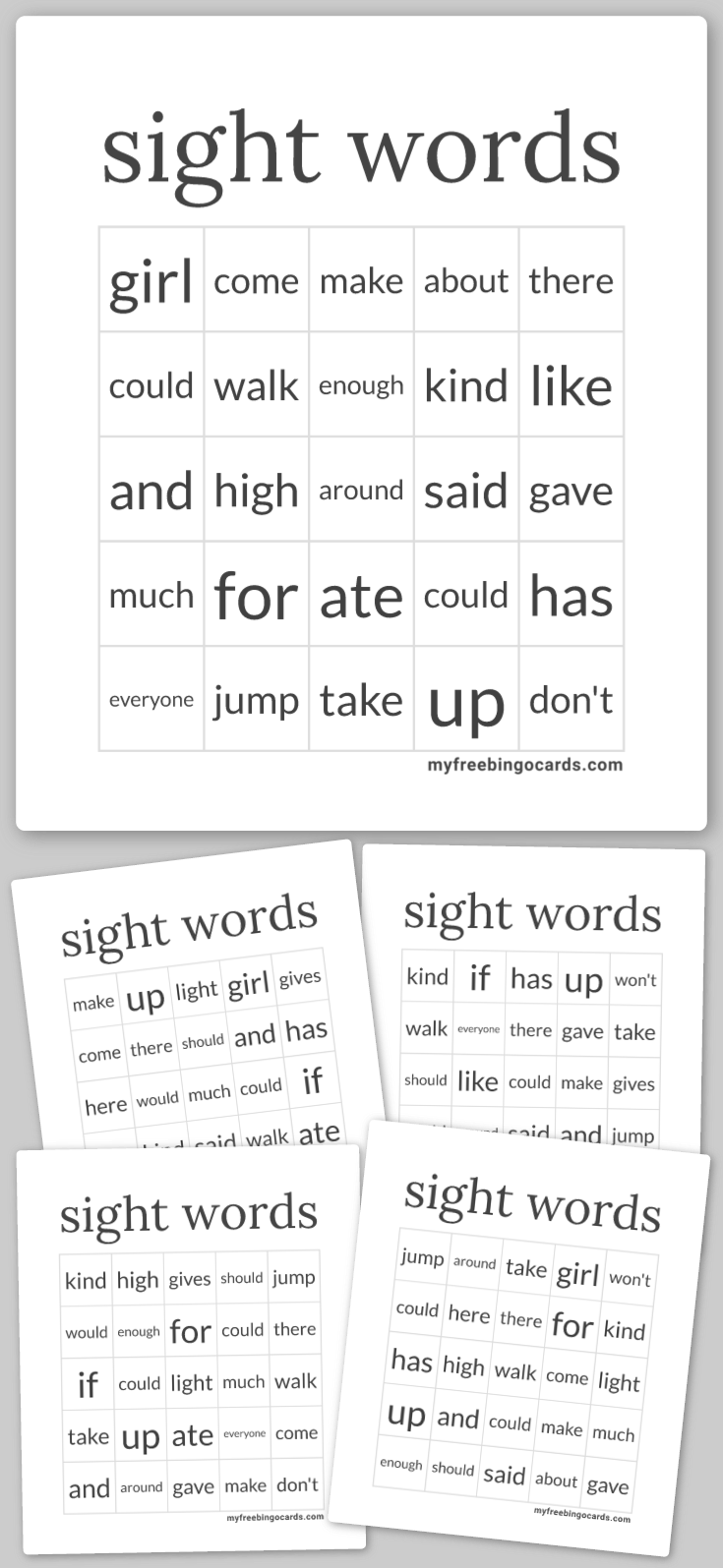 Virtual sight words bingo