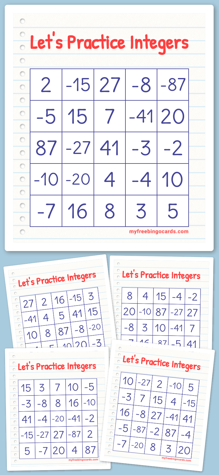 Virtual Let's Practice Integers Bingo
