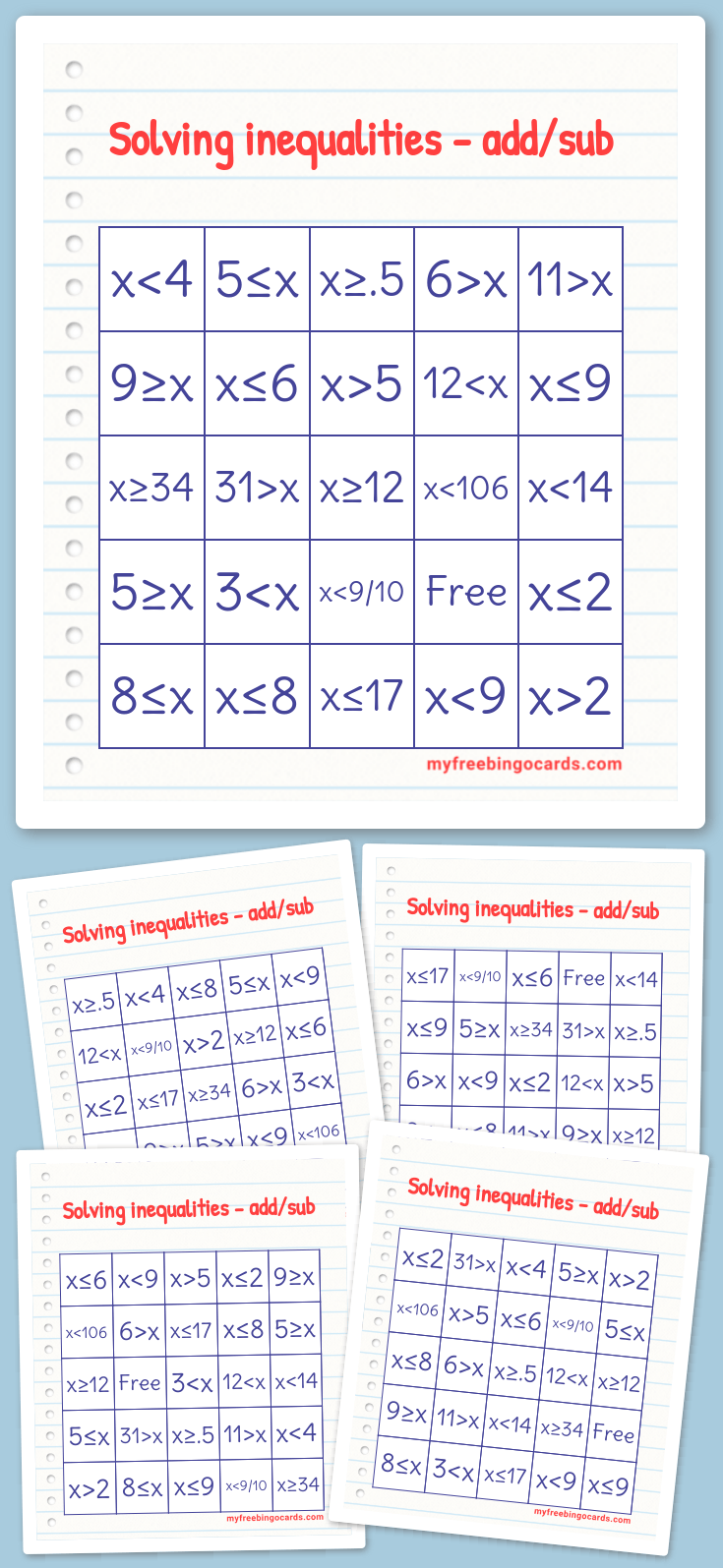 Virtual Solving inequalities - add/sub Bingo