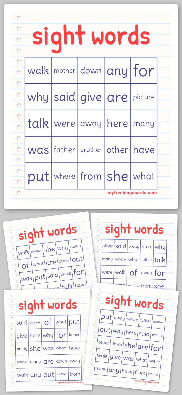 Virtual sight words bingo
