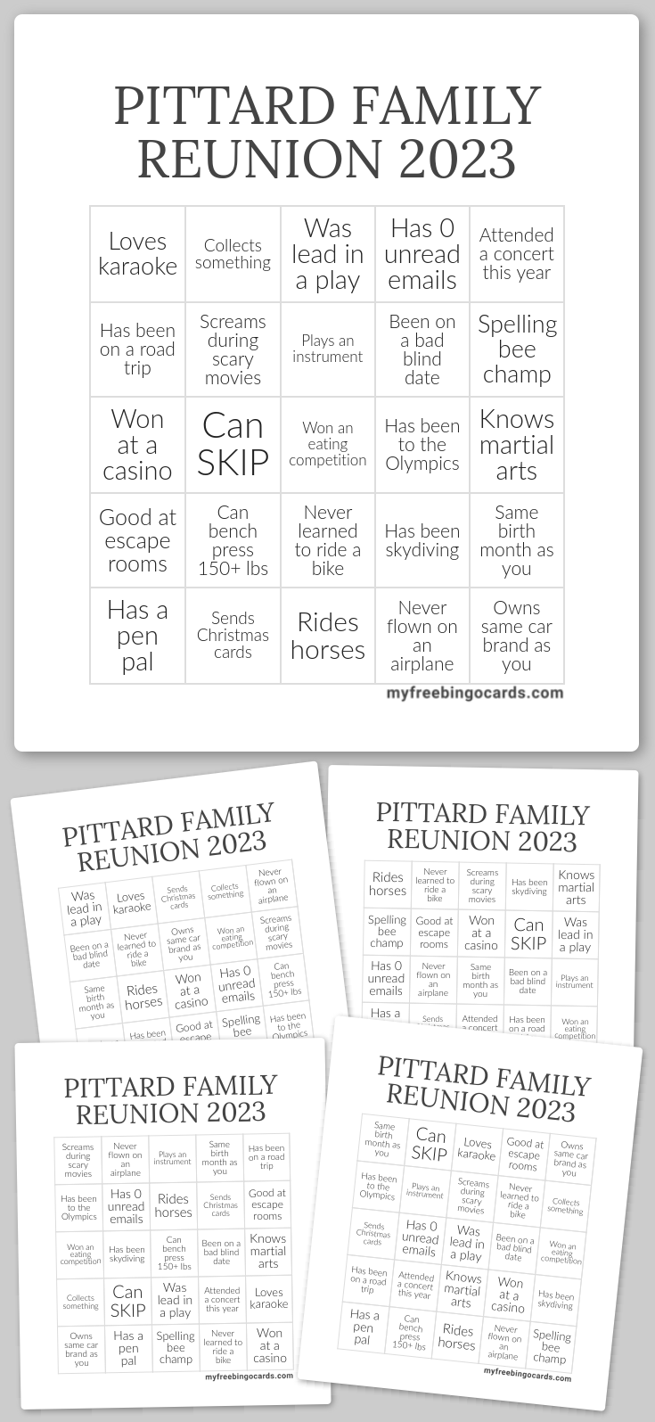 Virtual PITTARD FAMILY REUNION 2023 BINGO