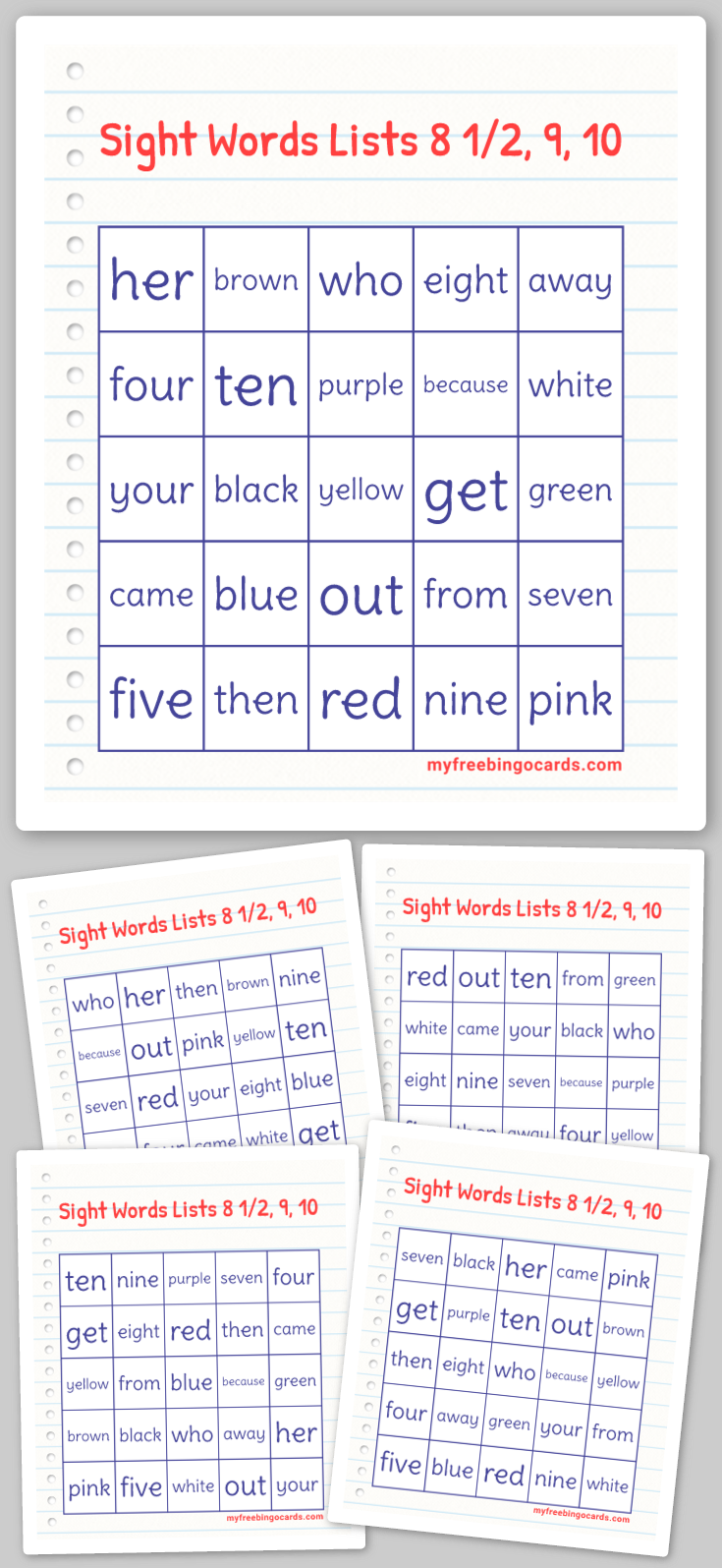 Virtual Sight Words Lists 8 1/2, 9, 10 Bingo