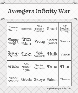 Avengers Infinity War Bingo
