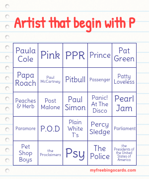 Artist that begin with P Bingo