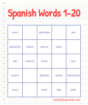 Print 100+ Spanish Words 1-20 Bingo Cards