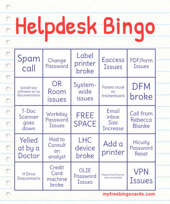 Helpdesk Bingo