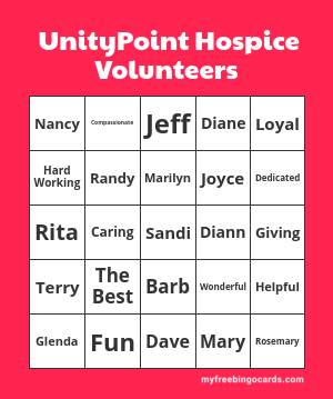 UnityPoint Hospice Volunteers Bingo