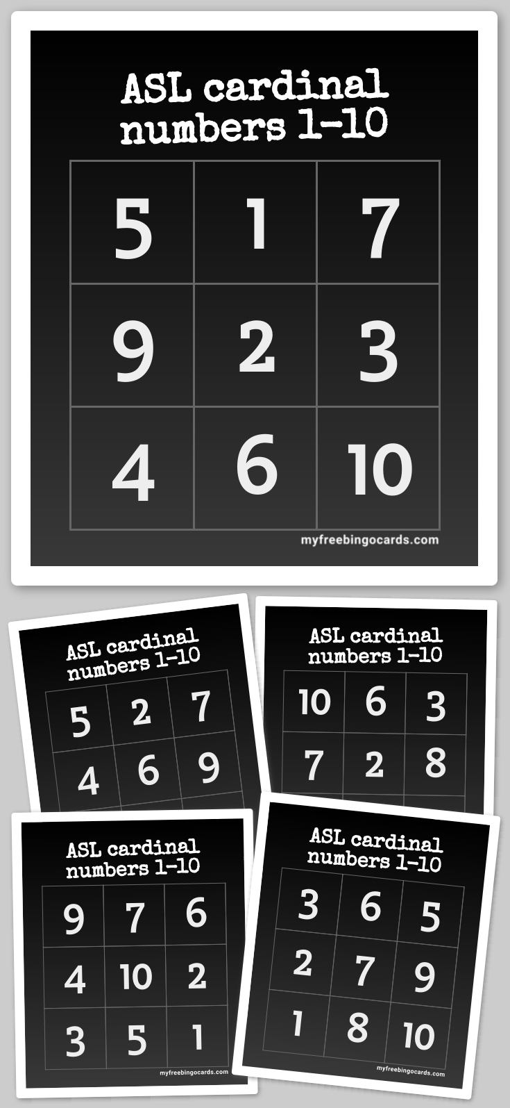 Virtual ASL cardinal numbers 1-10 Bingo